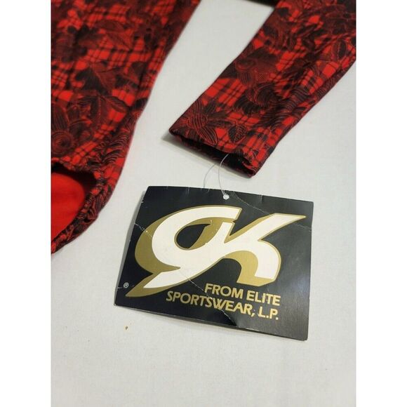 GK Elite AM Long Sleeve VTG Cotton Leotard Bodysuit Red Plaid Floral Size M, NWT - Picture 5 of 13